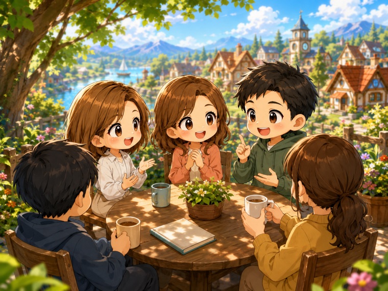 村のテーブルで交流する仲間たち